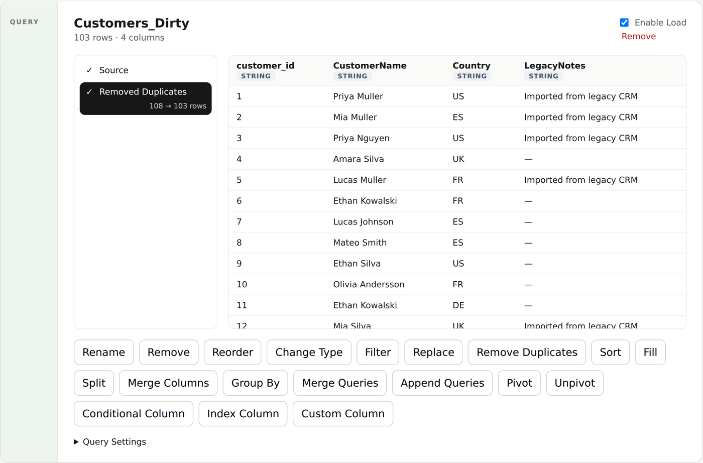 Celda Power Query con pasos aplicados revisables sobre datos comerciales sintéticos.