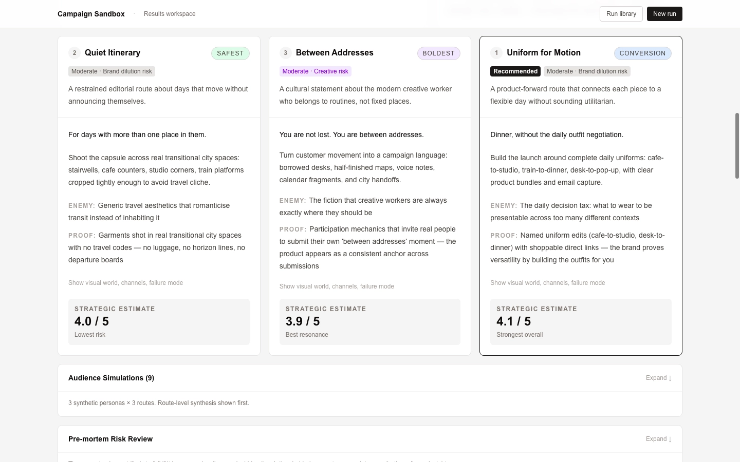 Tarjetas de rutas de campaña generadas en Campaign Sandbox