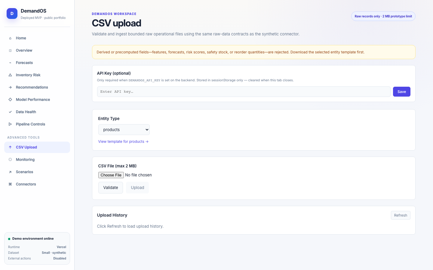Pantalla de DemandOS: Carga CSV
