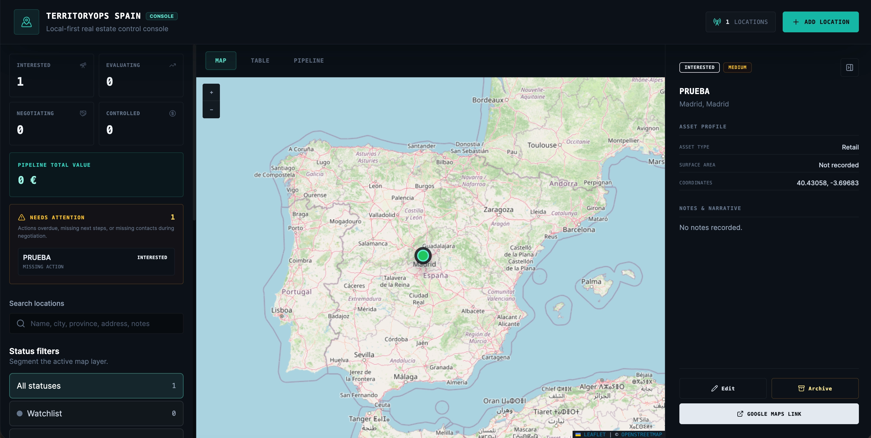 TerritoryOps Spain interface showing the location map, opportunity status, filters, and asset dossier.